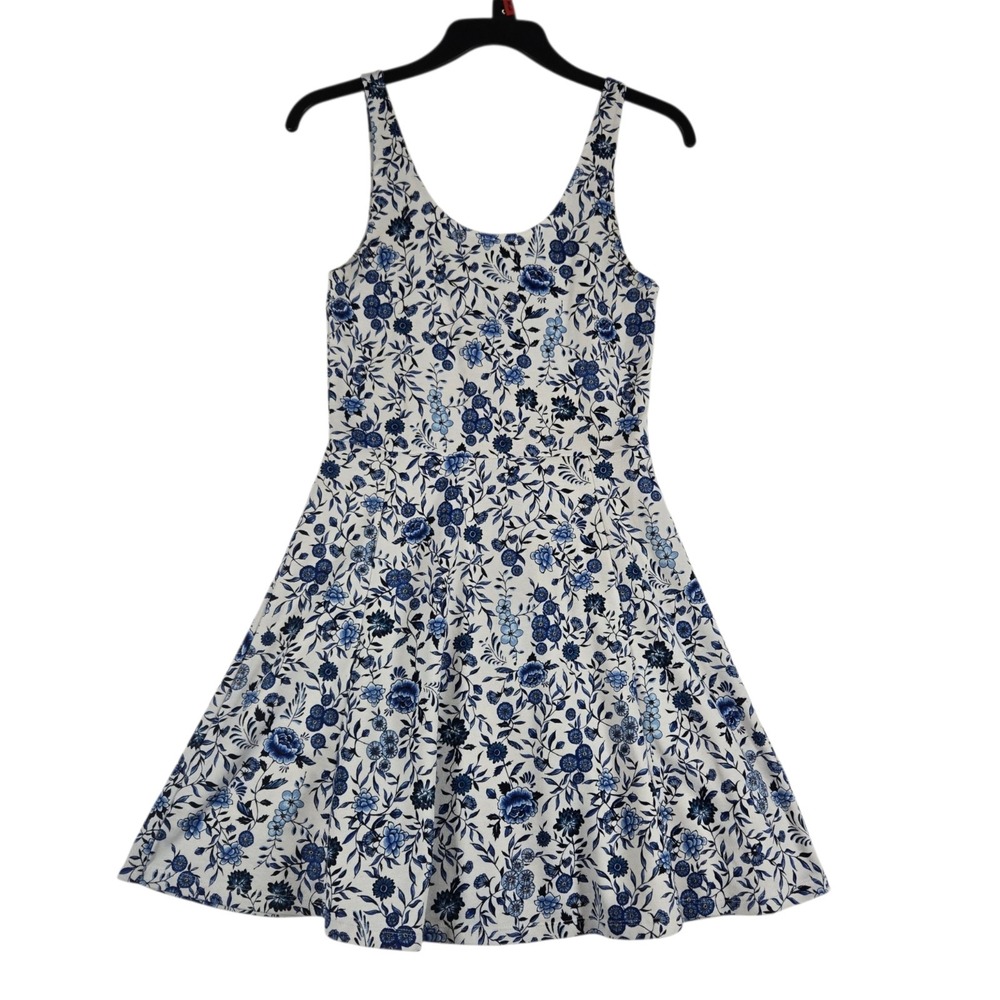 Divided Skater Dress Womens 6 White Blue Floral Print Mini Sleeveless Knit